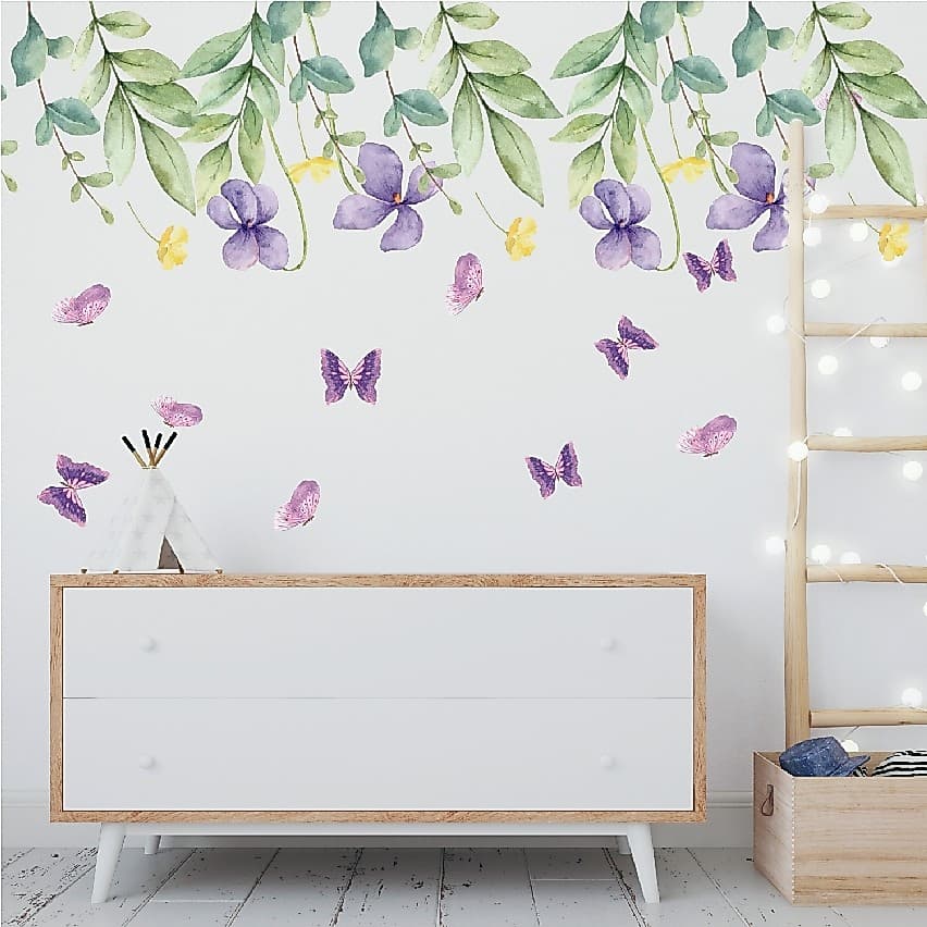 Adesivo de Parede Floral Flores Pendente Borboletas Decorativo Quarto Menina P1