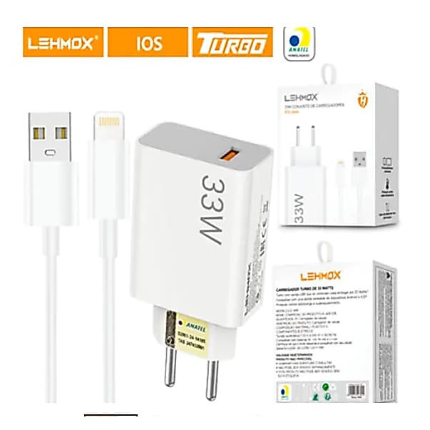 kit 10/6 Carregador Lightning Turbo 33w C/ Cabo 1m Lehmox-le-407ios