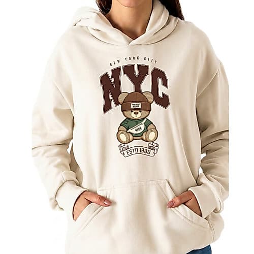 Blusa Moletom  Feminino Canguru Com Capuz c/ Bolso Estampa Urso NYC Casual Lançamento Inverno Gringa