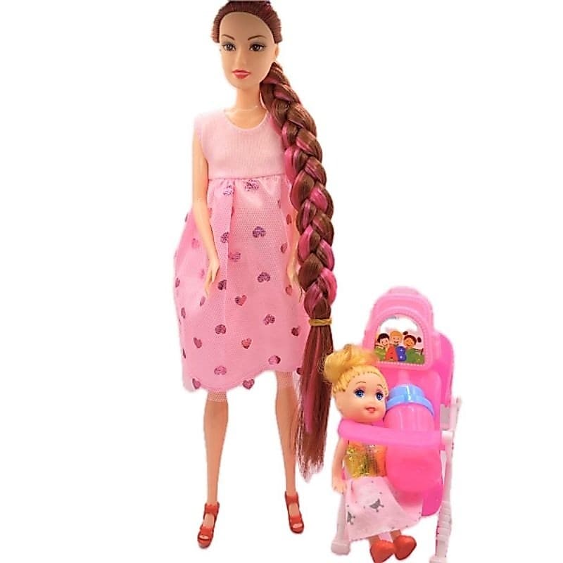 Boneca Gravida com bebê na barriga + carrinho de boneca +boneca bebê e acessórios Boneca cabelo grande