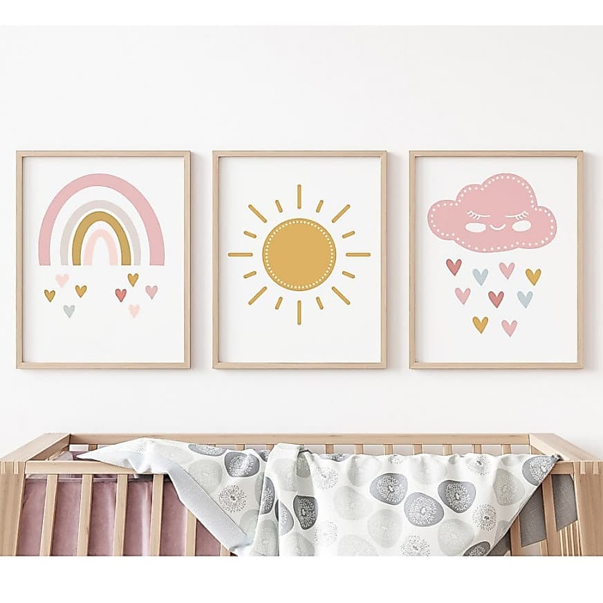Kit com 3 Quadros Decorativos Infantil com Moldura Nuvem Coração Arco Íris Sol Quarto Menina Bebê