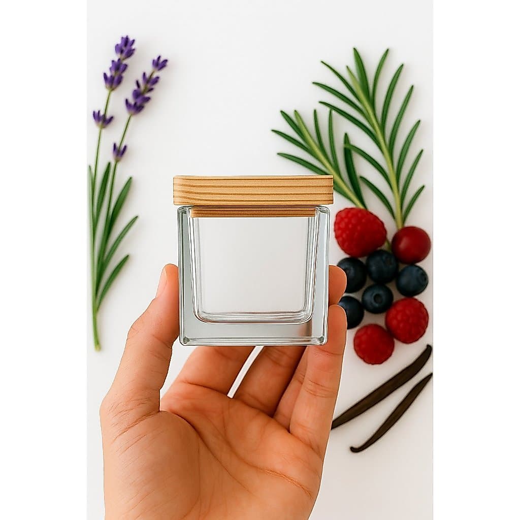 24  Potes de Vidro Quadrado 70ml com Tampa em Madeira Pinus 5x5cm - Sofisticado e Charmoso