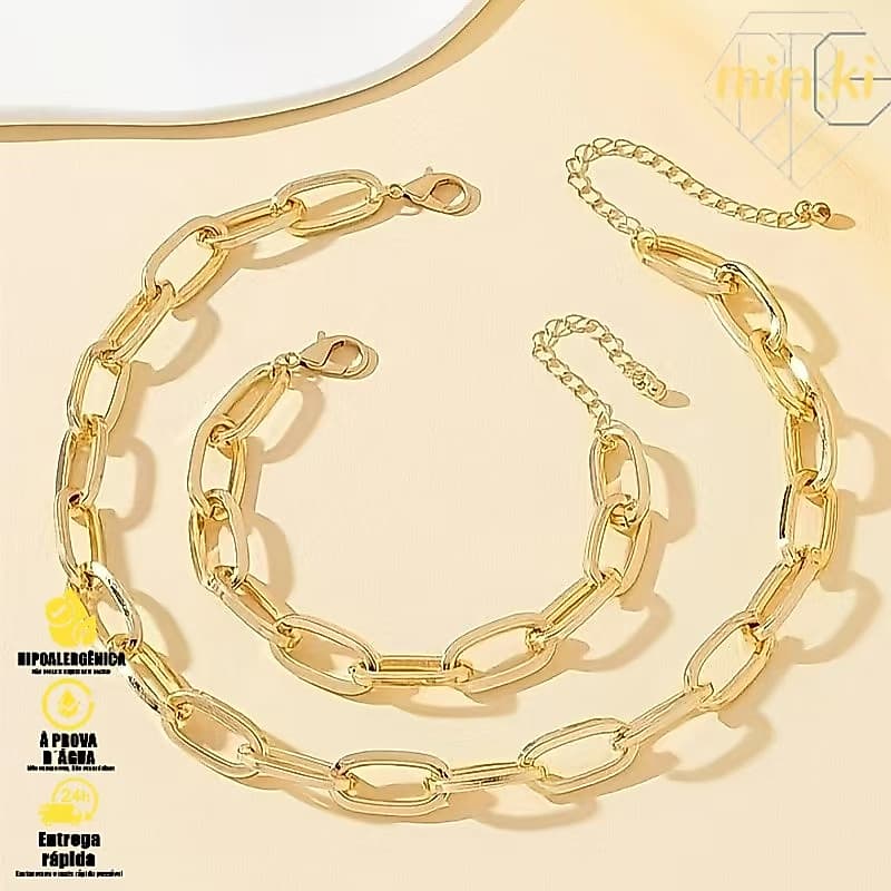 Colar e Pulseira Minimalista Feminina – Corrente Dourada Retangular Ouro 18K