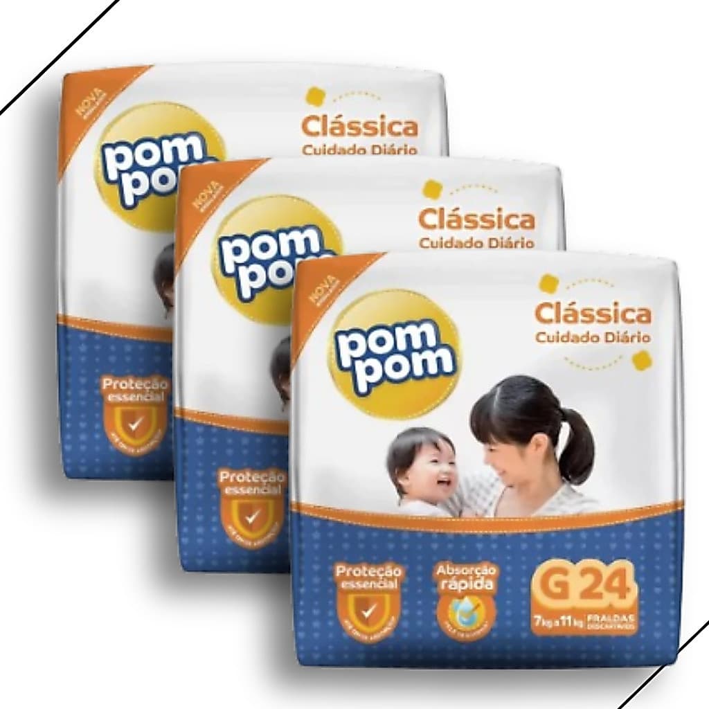 Kit 3 Fralda Descartável Pom Pom Clássica Tamanho G Pacote Jumbo - Total 72 Unidades