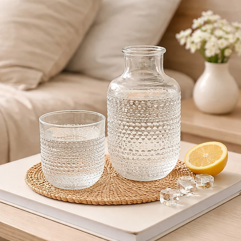 Moringa com Copo de Vidro Jogo Trabalhado 550 ml + 200 ml Elegante Decorativa e Funcional Suco Agua Whisky Chá