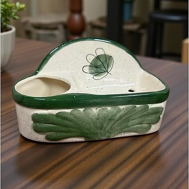 Porta Detergente E Esponja Verde Para Organizar A Pia Feito Em Cerâmica Pintado A Mão