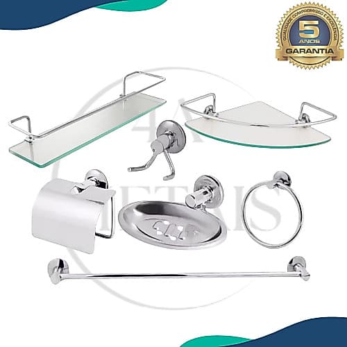 kit stander para banheiro aço inox lavabo 7 peças porta shampoo prateleira vidro reto e canto