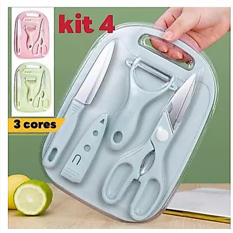 Kit de Cozinha 4 Peças Portátil – Faca, Tesoura, Tábua, Descascador – Cores Pastel  LUIZA