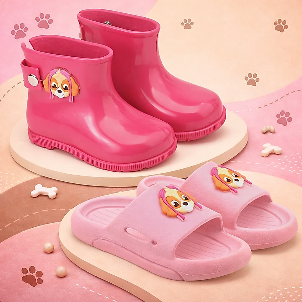 Kit 2 Pares Galocha Impermeável Infantil + Sandália Slide Menina Rosa Patrulha Kids Marca Nexa