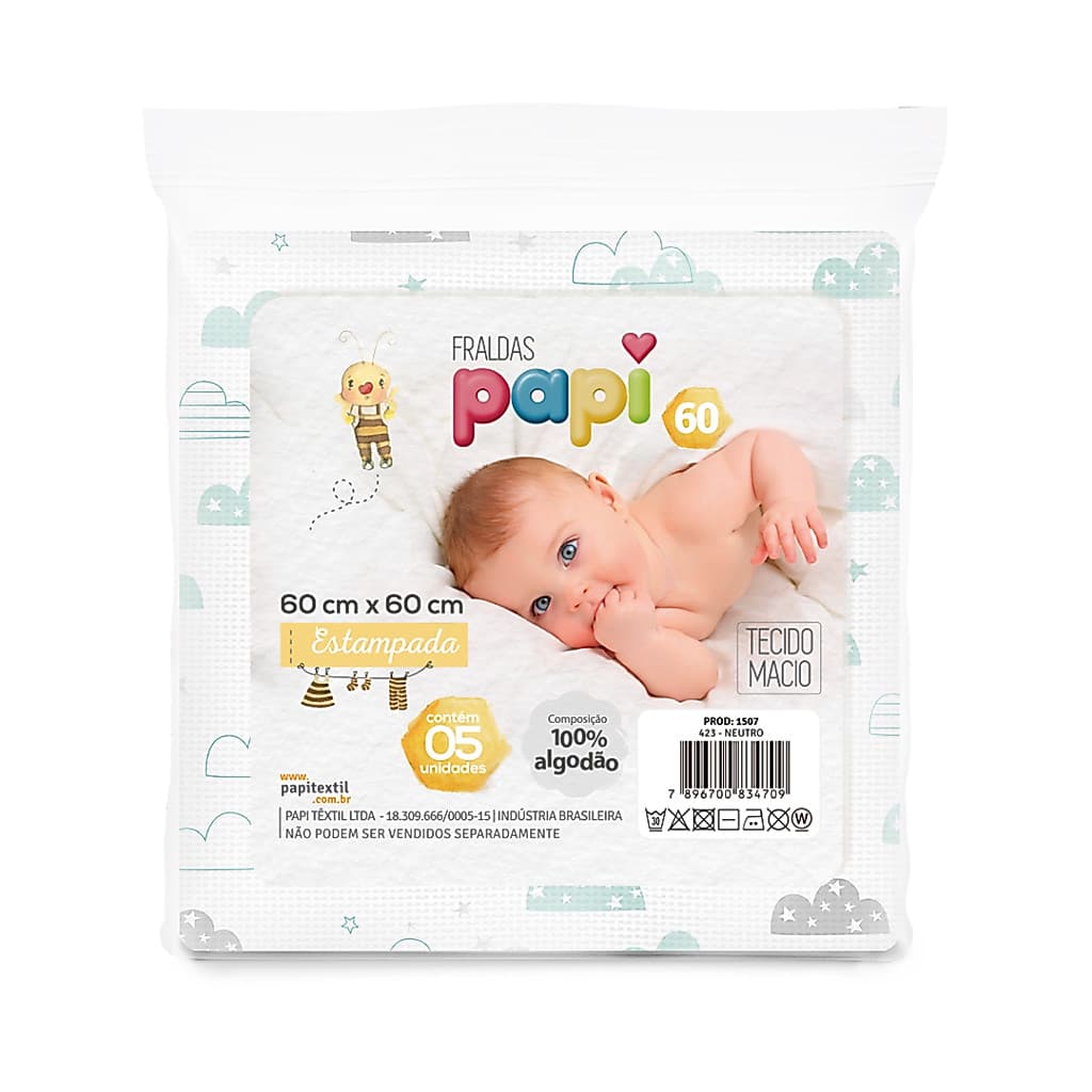 Kit Fralda de pano Papi estampada 60x60 cm com 5 ou 10 unidades! 100% algodão, ideal para o dia a dia.
