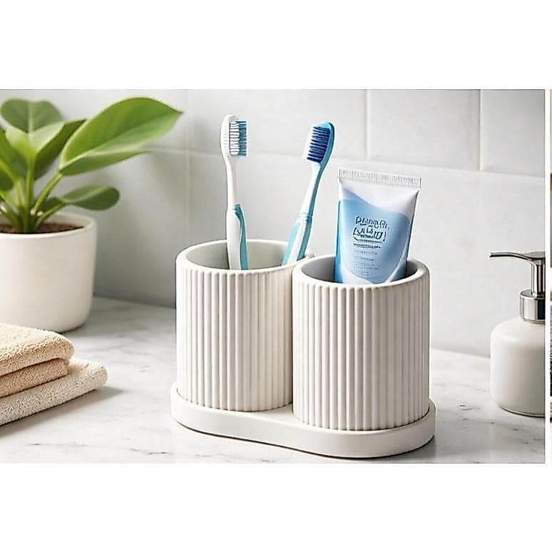 Porta Escova de Dente Duplo com Suporte | Organizador de Banheiro para Escova e Pasta