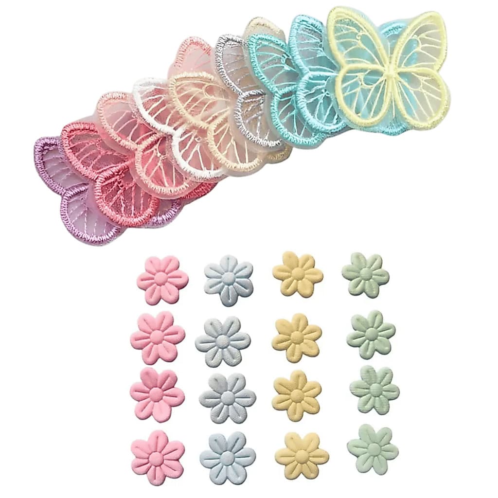 Aplique Kit Flor Prensada e Borboleta Bordada (200 Flor Mix Cores Claras + 30 Borboletas)  Patche Tiara Laços DIY