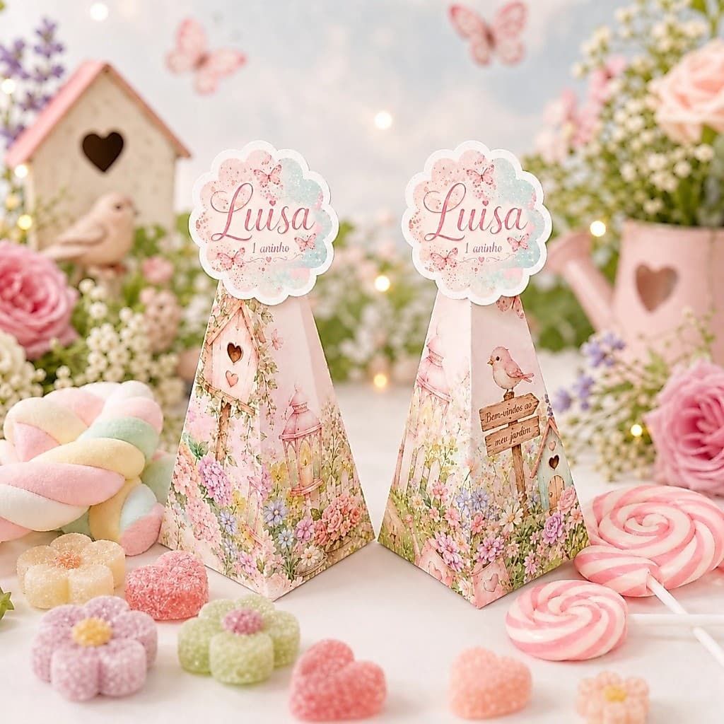 Caixa Pirâmide Jardim Encantado Lembrancinha Personalizada - Festa Infantil Menina - Chá de bebê Piqueniques Mesversário