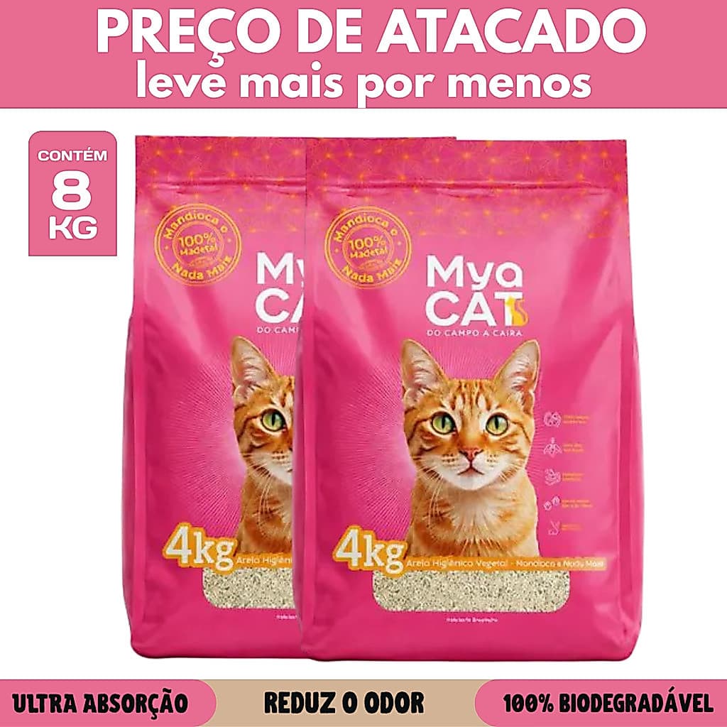 Kit 2 Areia Mya Cat Biodegradável Mandioca Elimina Odor Gatos 4kg
