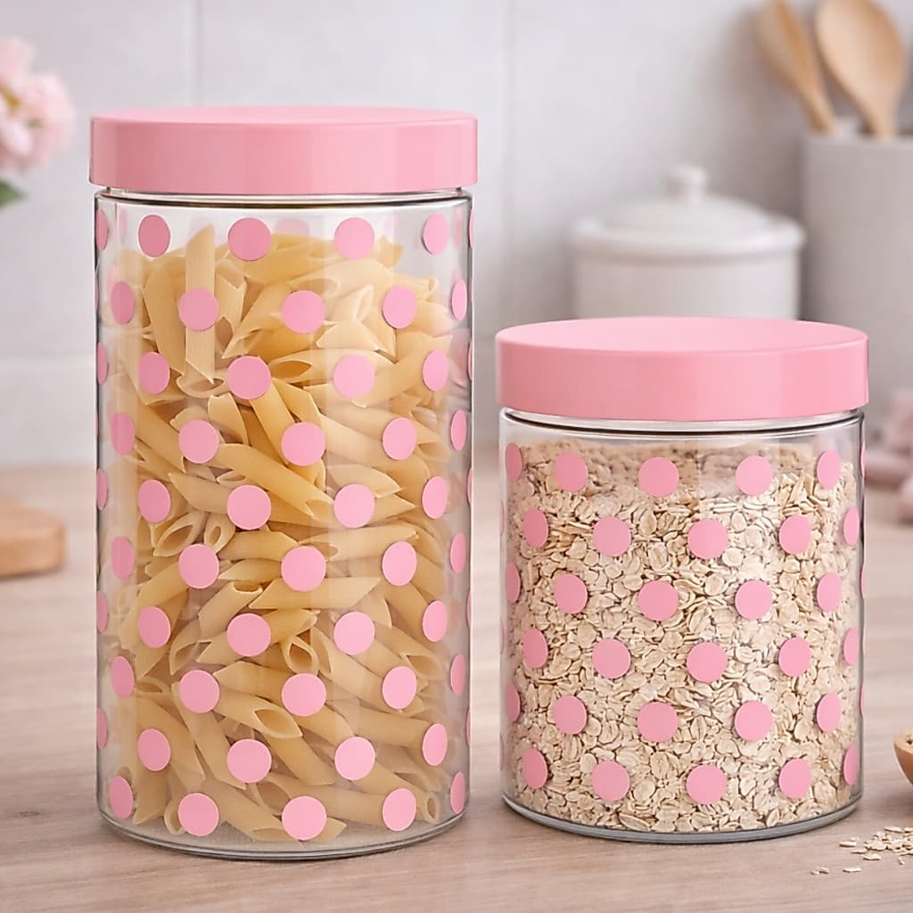 Kit 2 Potes Plástico Porta Mantimentos Bolachas Biscoito Poá Bolinhas Organizadores Cozinha Multiuso