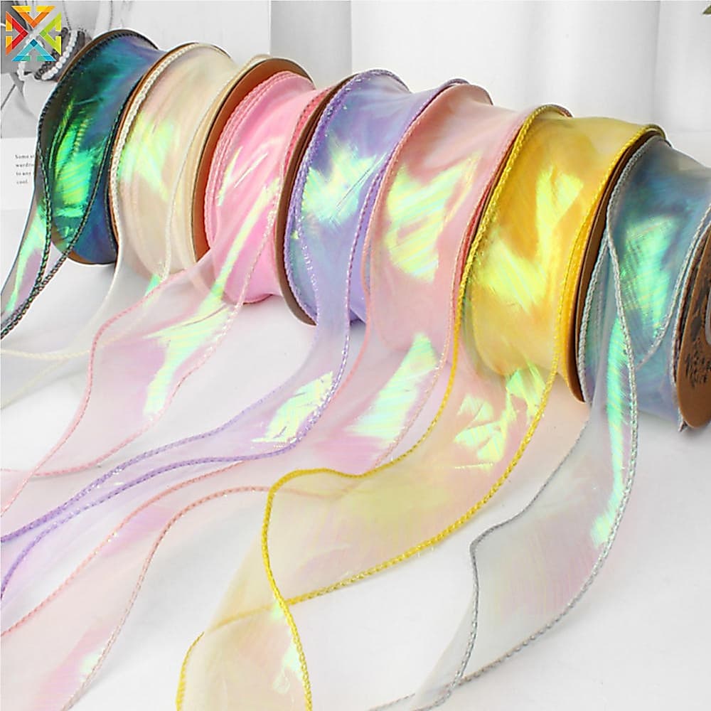 Fita De Organza Rabo De Peixe , 40mm , 10 Jardas , Reflexiva , Iridescente , Borda Ondulada , Para Embrulho De Presente