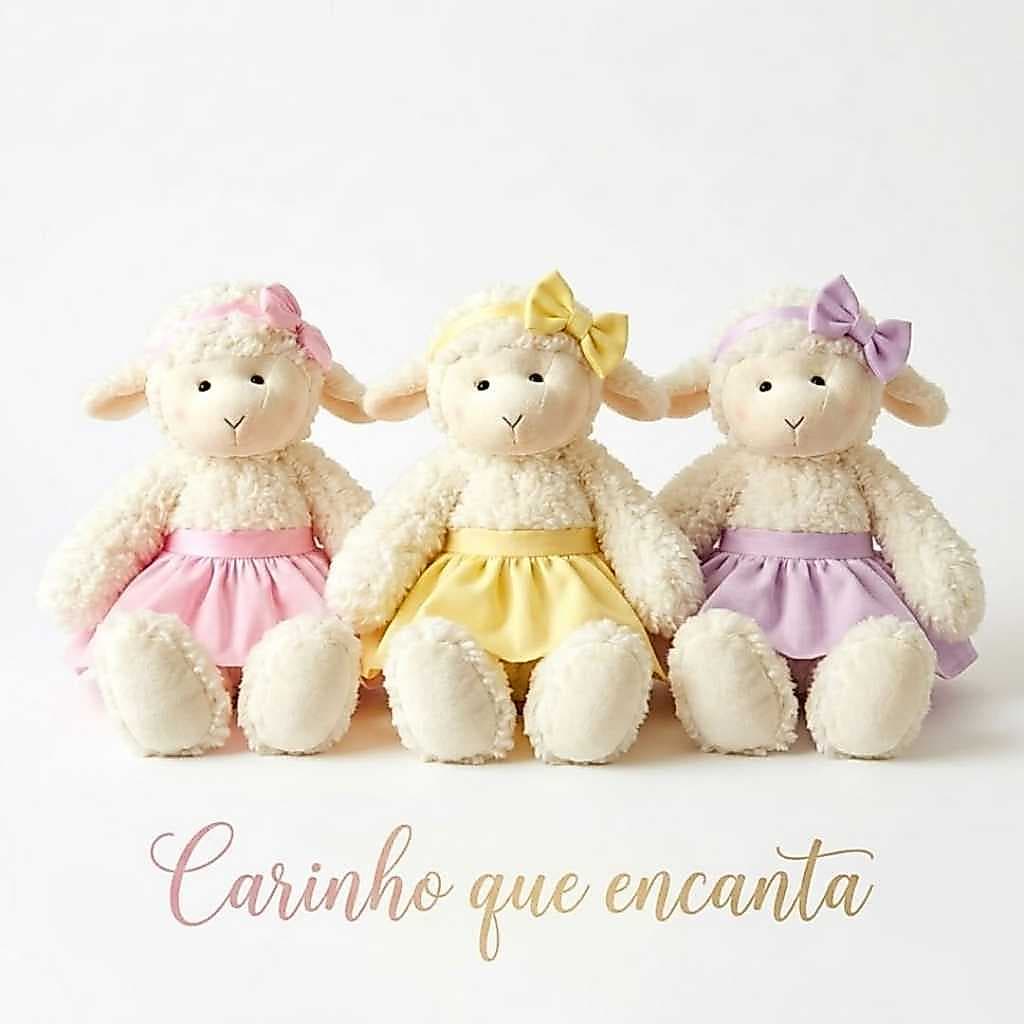 Kit 3 Ovelhinhas De Pelúcia Com Vestido E Laço Infantil