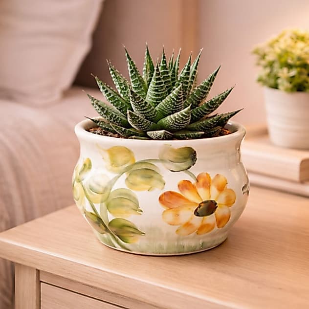 Vaso Cachepot Redondo de Ceramica Pintada a Mão Artesanal Peças Vintage Decoração Casa e Jardim