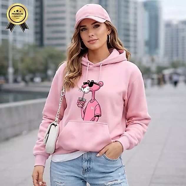 Moletom Feminino Pantera Cor de Rosa Canguru Capuz Bolso Blusa frio Casaco Inverno Quente Agasalho Grosso Capote
