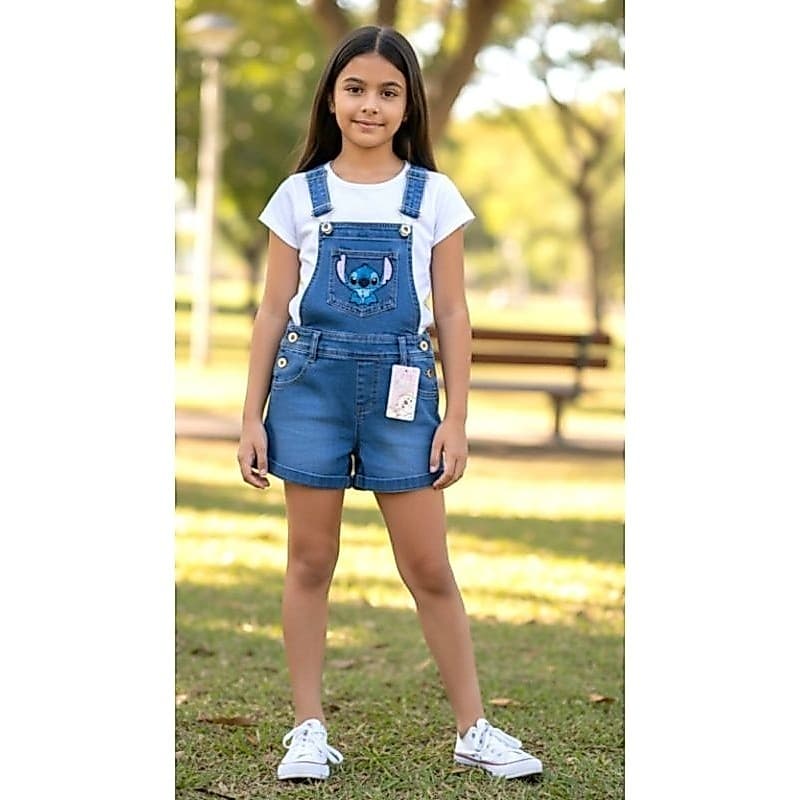 jardineira  jeans infantil stitich menina tamanho 1 2 3 4 6 8 jardineira menina  infantil shorts menina feminina stitch