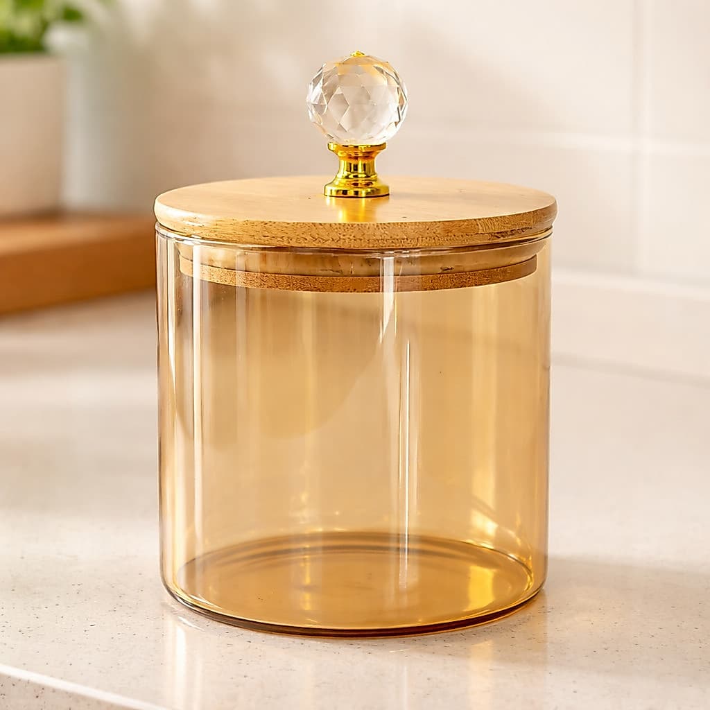 Pote Hermético de Vidro Âmbar 550ml com Tampa de Bambu Organizador Elegante para Cozinha