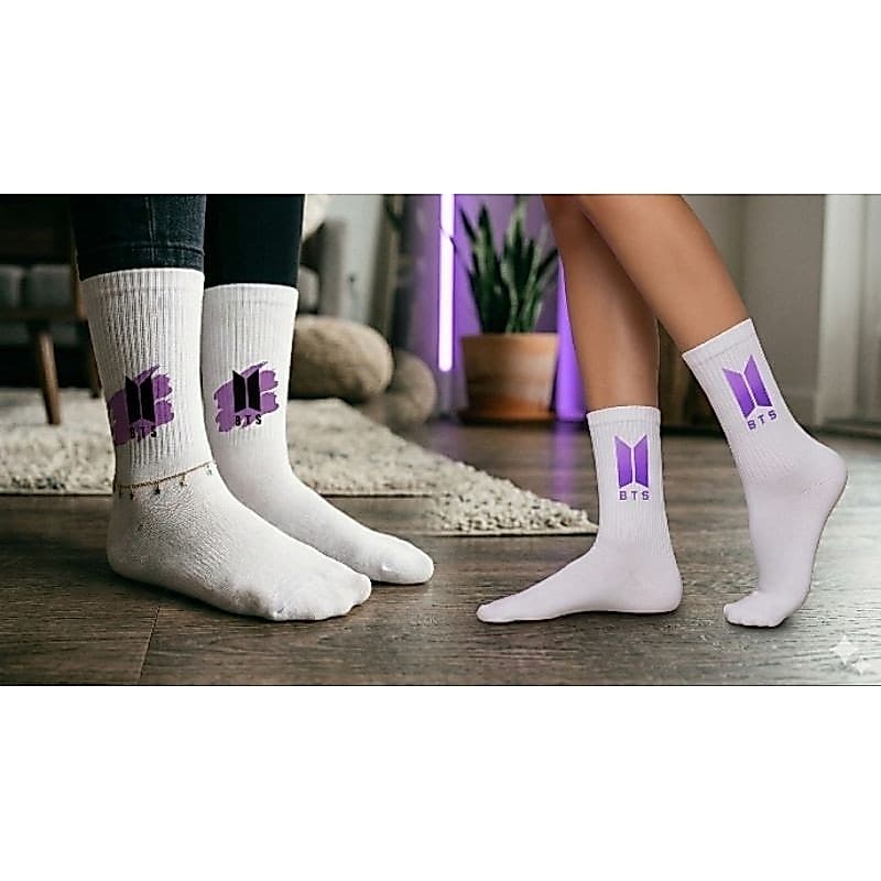 Kit 3 Pares de Meias Cano Alto BTS Brancas Unissex | Confortáveis Estilo K-Pop Army
