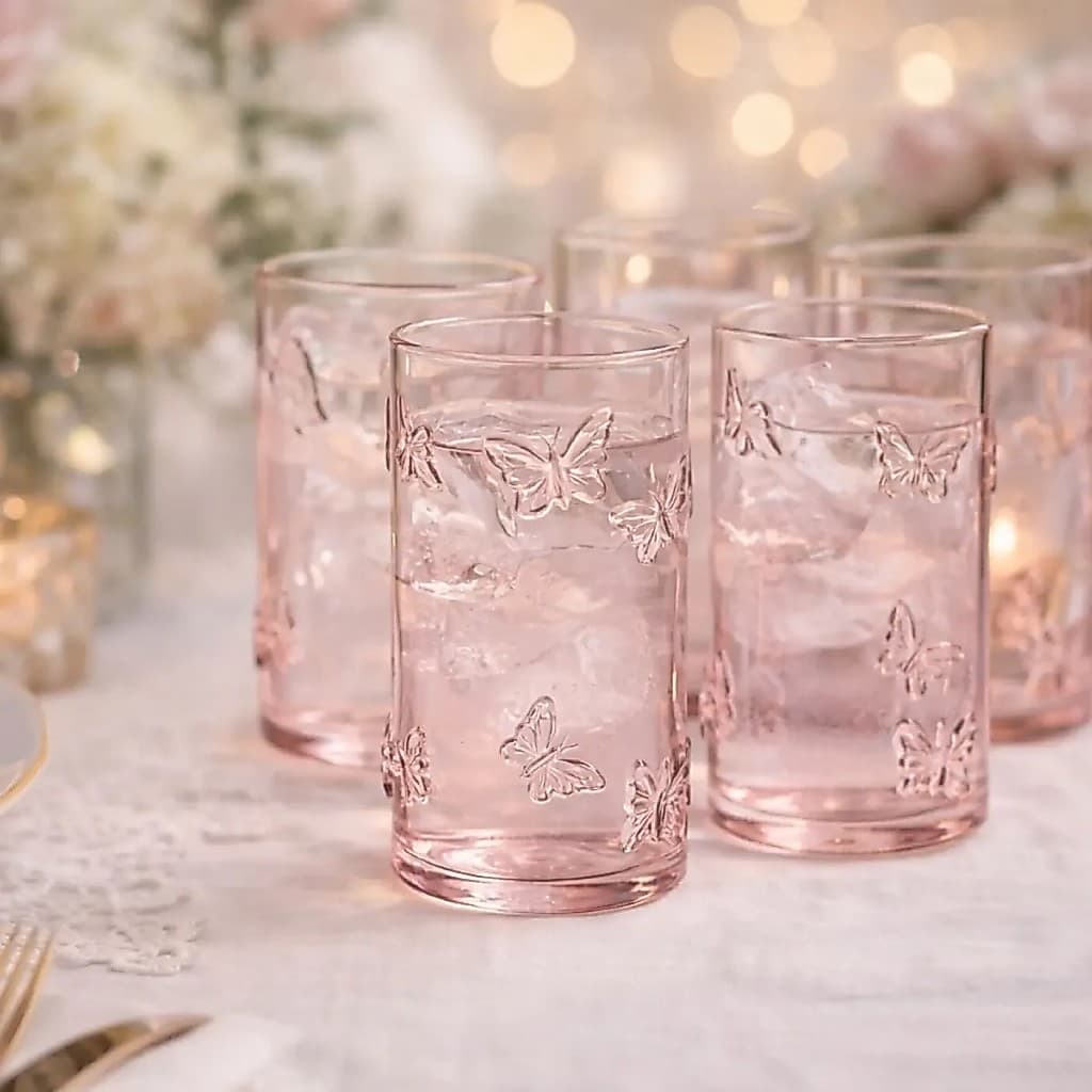 Jogo de copo rosa de borboleta de vidro com 4 peças 460ml alto para cozinha fofa kit conjunto copos rosas butterfly rose