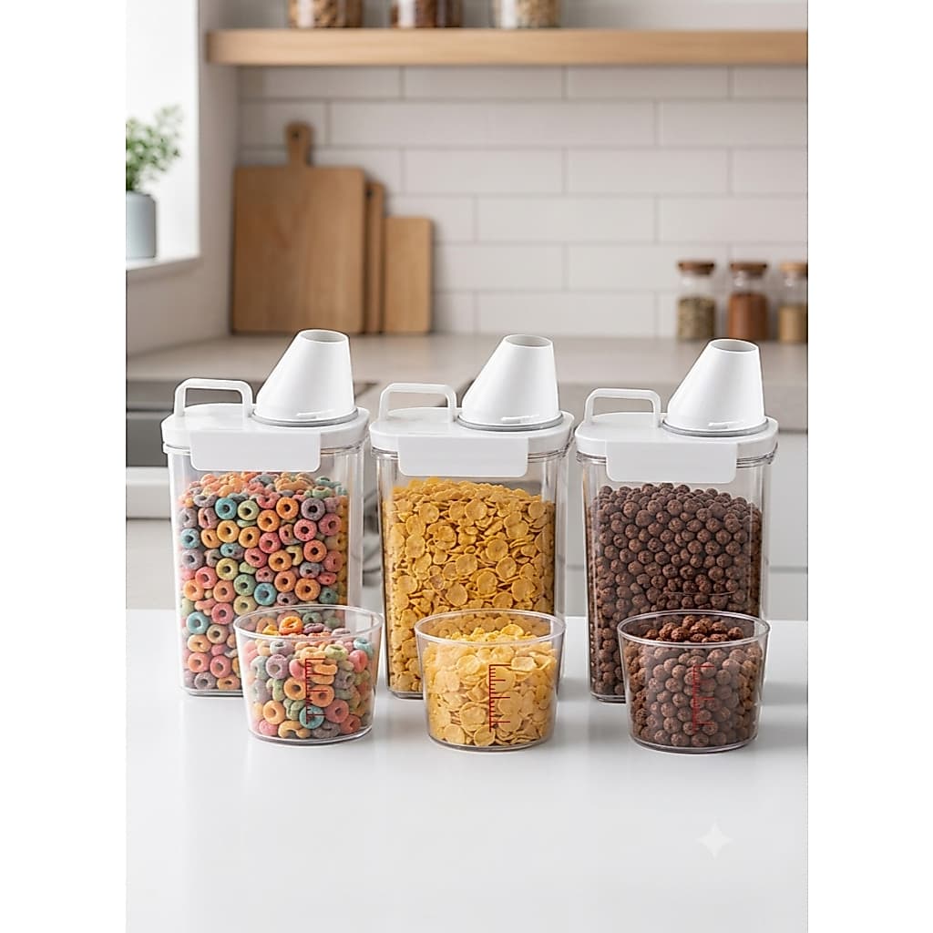KIT 3 DISPENSER ORGANIZADOR COM TAMPA DOSADORA HERMETICO RESISTENTE PARA COZINHA LAVADERIA SABÃO CEREAIS GRÃOS 1L