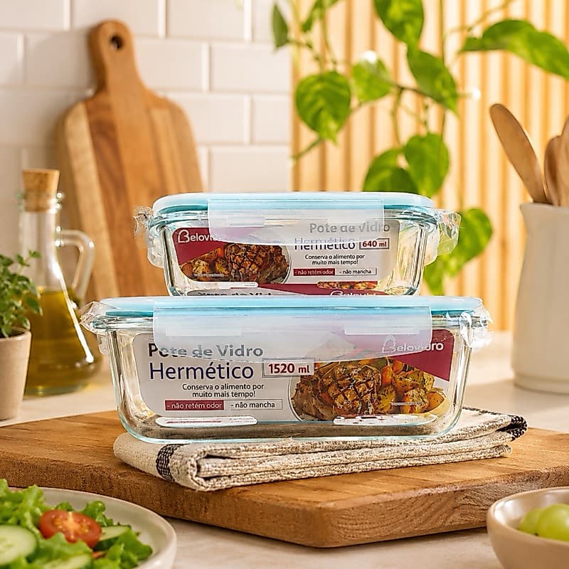 Kit Potes de Vidro Herméticos com Tampa Trava 640ml + 1520ml Freezer, Micro-ondas, Forno e Lava-Louças |Pote de Vidro