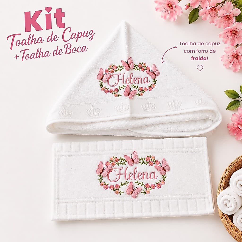 Kit Toalha de Capuz com Fralda Dentro + Toalha de Boca Bebê Bordada Personalizada 90x70