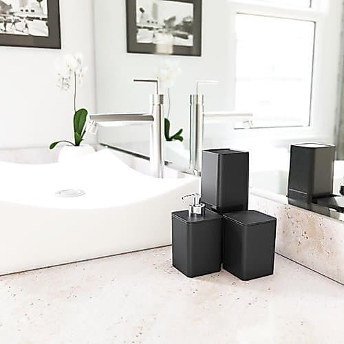 Kit Organizador Banheiro Dispenser Sabonete Liquido Suporte Escovas Dente Algodao Preto