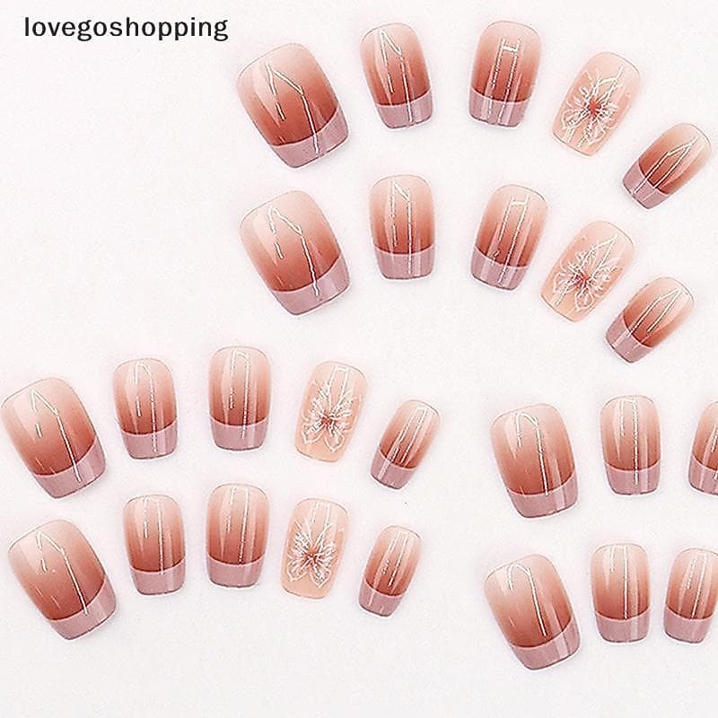 [lovego] 30 Peças Rosa Borboleta Francesa Curta Cabeça Quadrada Prensa Em Unhas Postiças Com Cola Glitter Design Falsas