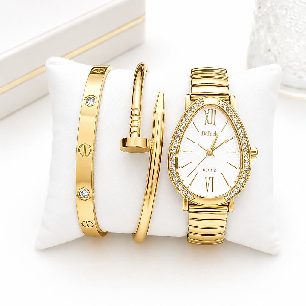 Kit Relogio Com Pulseira e bracelete Dourado e Prata Kit de Luxo Conforto Moda Blogueira