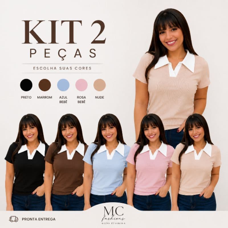 kit 2 Blusa Feminina Polo Canelada Gola Bicolor Manga Curta Casual Elegante Baby look T-shirt Camiseta feminina