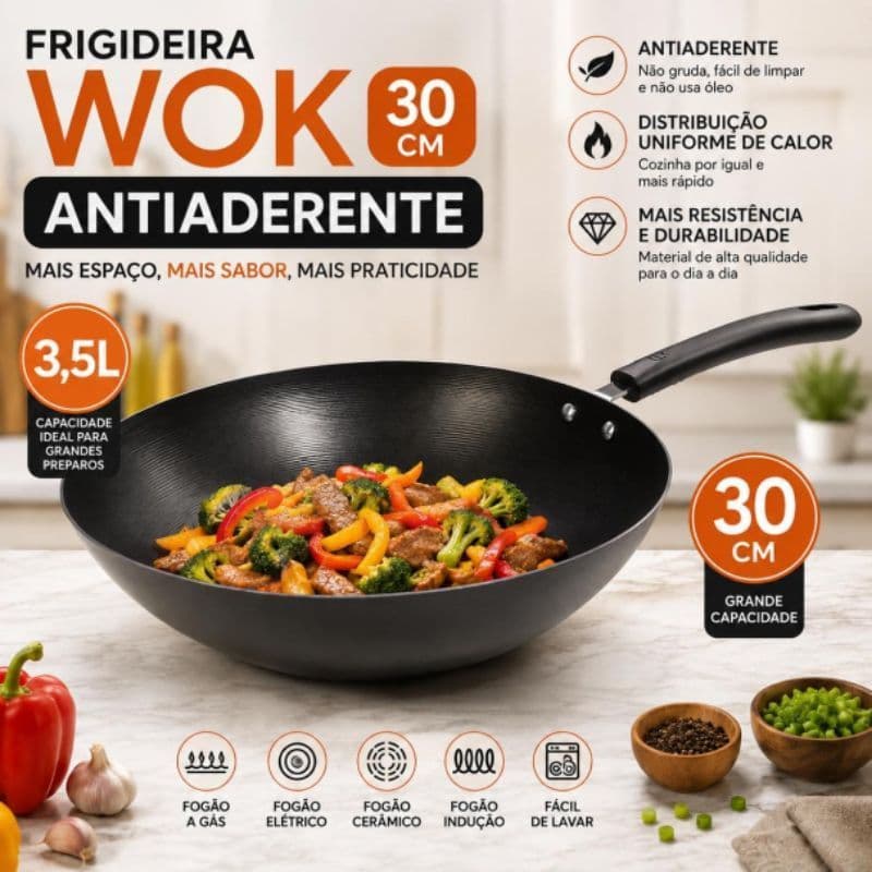 Frigideira Caçarola e Panela Wok 30 cm antiaderente,3,5L