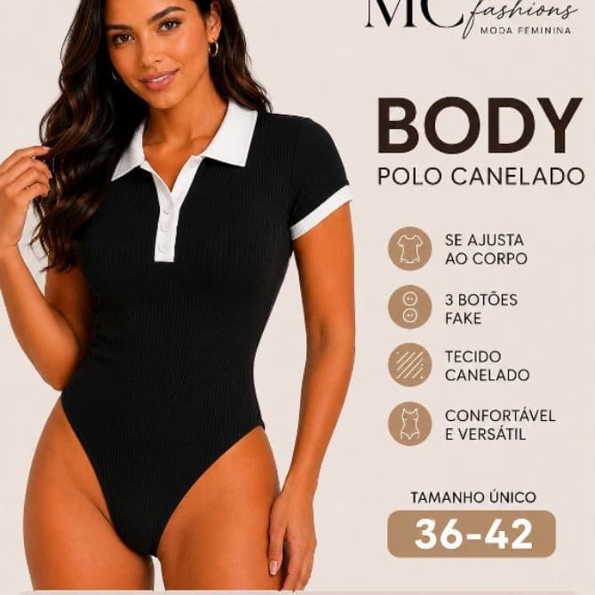Body Polo Feminino Canelado Bicolor Manga Curta 3 Botões Fake Elegante e casual