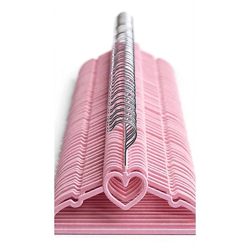 Kit 50 Cabide Infantil Slim De Veludo Rosa Coração