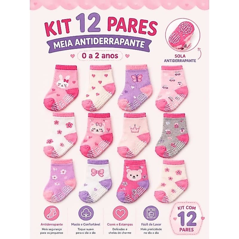 Kit 12 Pares Meia Antiderrapante Bebê Menina 0 a 2 Anos Infantil