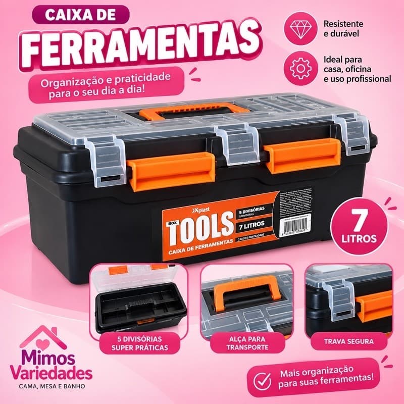 CAIXA DE FERRAMENTAS 7 LITROS REFORÇADA COM 5 DIVISÓRIAS, ALÇA E ORGANIZADORES BOX TOOLS