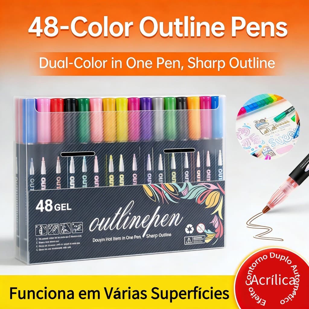 Kit 48 Caneta Outline Marker Metálica Linha Dupla Arte Caneta Contorno