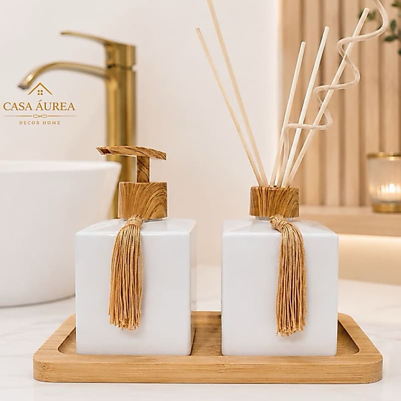kit Luxo Banheiro e Lavabo Branco Amadeirado Difusor Porta Sabonete Líquido 250ml Bandeja Decoração Banheiro.