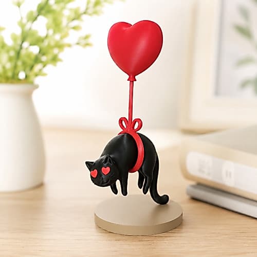 Gato Preto com Balão de Coração em Impressão 3D | Decoração Fofa para Quarto, Mesa e Presente Criativo