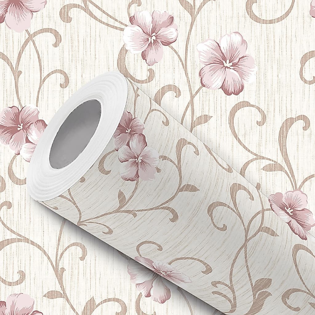 Papel de Parede Adesivo Efeito Linho Bege Flor Rosa Fácil Instalação