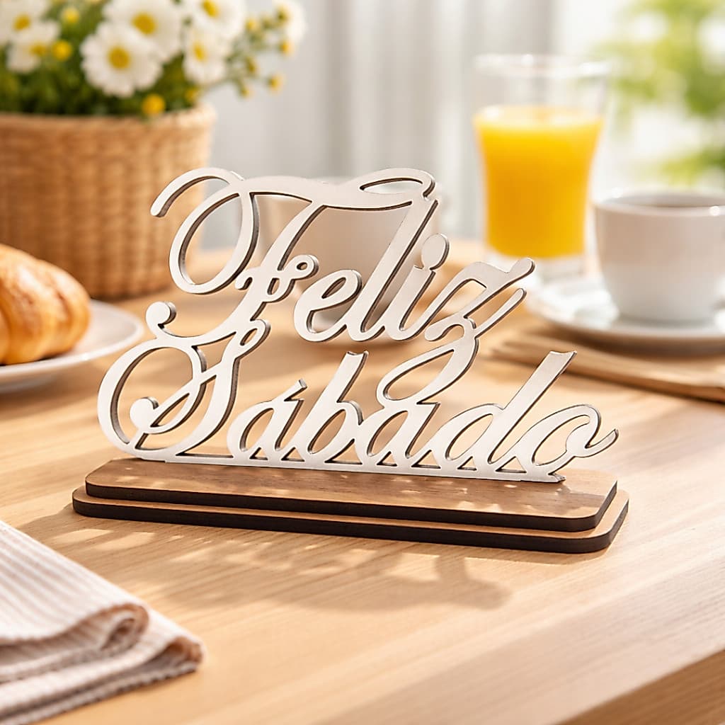 Placa Feliz Sábado Em MDF Com Base De Madeira Decoração Mesa Posta 21cm x 15cm