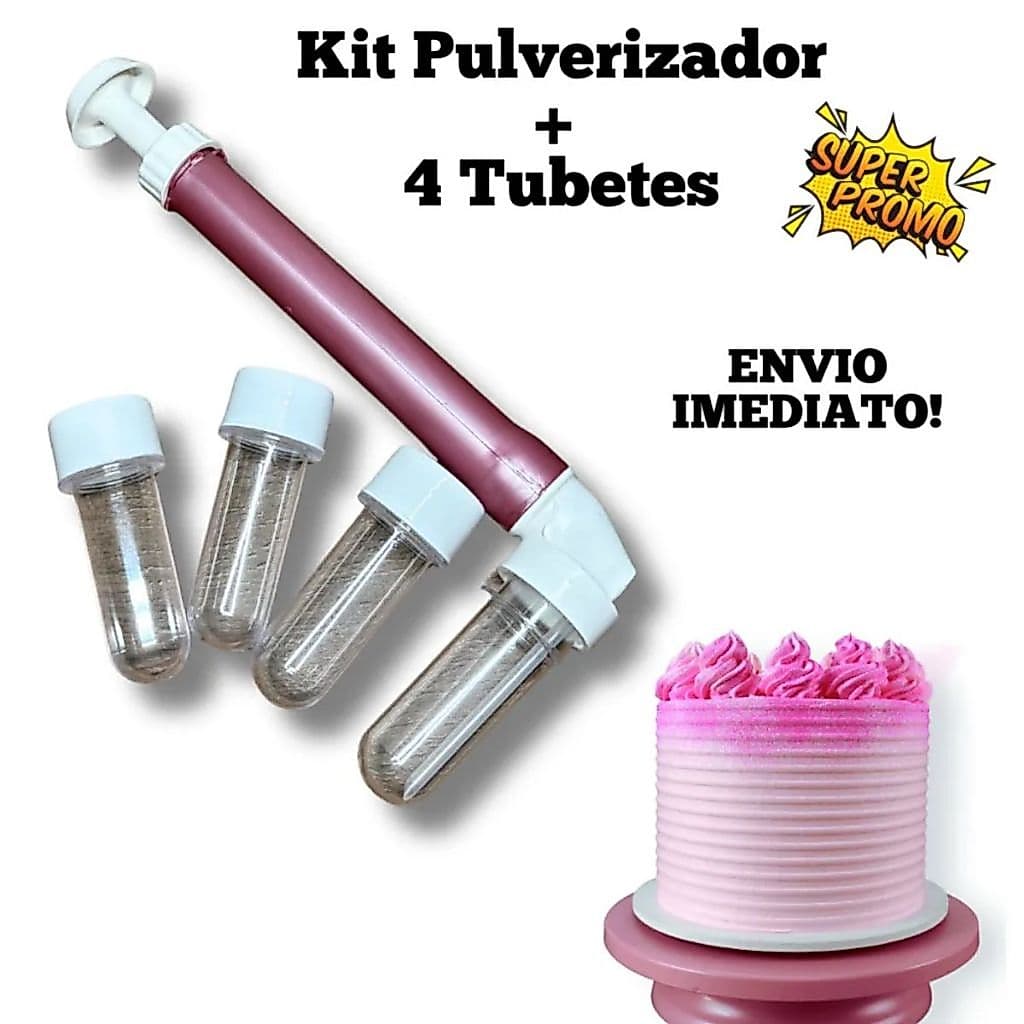 Pulverizador Bombinha com 4 Tubetes para Pó Glítter Confeitaria Bolos Doces Confeiteiro Decoração