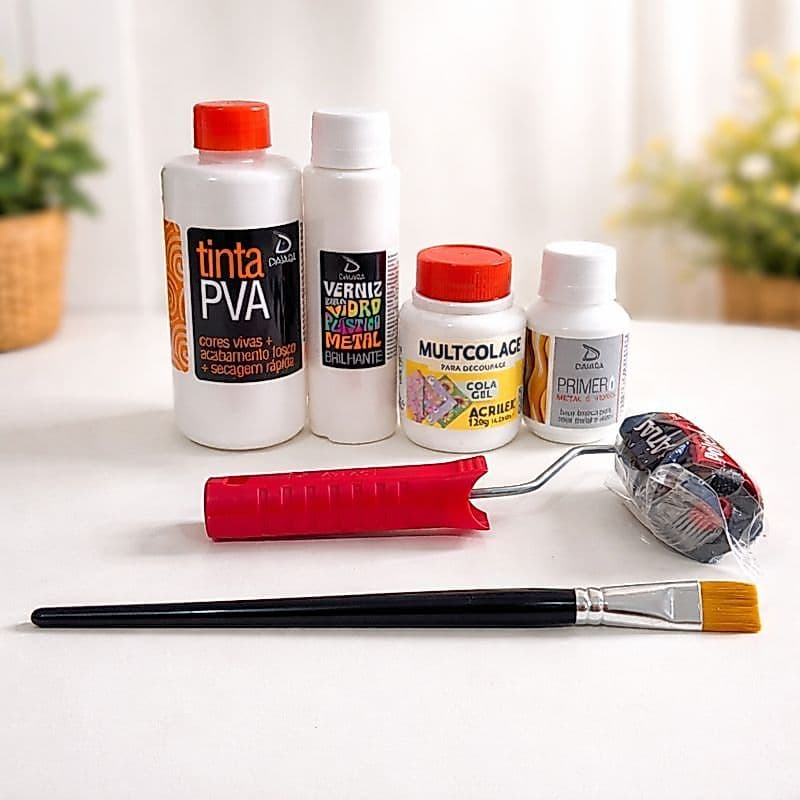 KIT Decoupage Artesanato Profissional Tinta PVA Verniz Vitral Primer Cola Pincel + Rolinho de Espuma