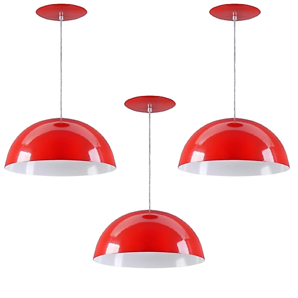 Pendente Meia Lua 30cm Kit3 Vermelho Branco Casa Decoração Gourmet Moderna Estilo Retrô Iluminação
