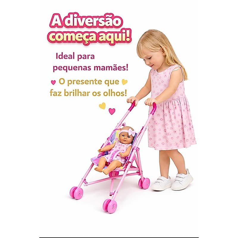 Carrinho de Boneca Rosa 46cm + Boneca 33cm Kit Infantil Menina Presente Perfeito