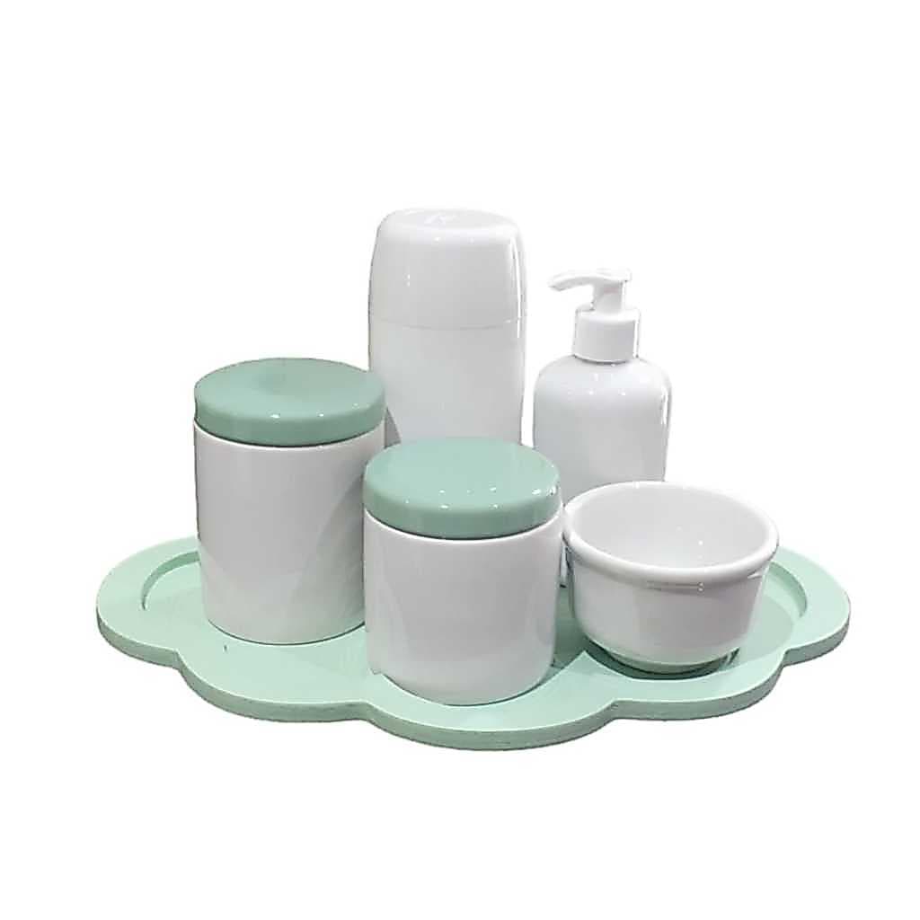 Kit Higiene Bebê porcelana branca menino tampa bandeja nuvem verde potes garrafa térmica saboneteira algodão cotonete