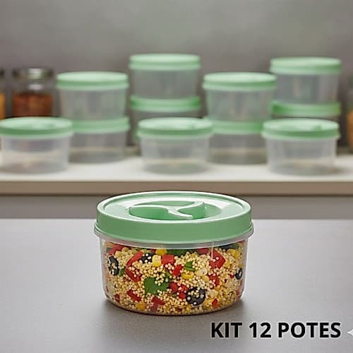 Kit 12 Potes Redondo Tampa Com Rosca 300ml Transparente Cores Sortidas 2573
